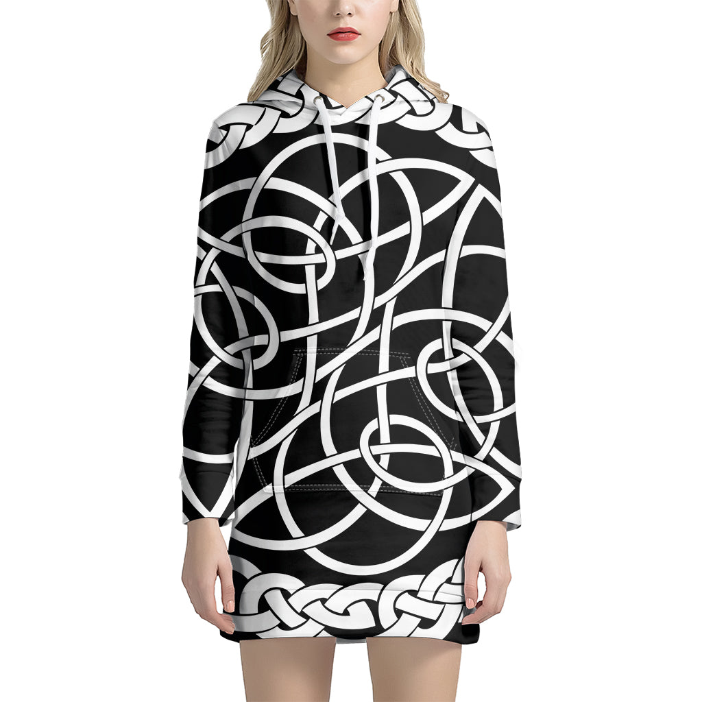 Black And White Celtic Knot Print Pullover Hoodie Dress