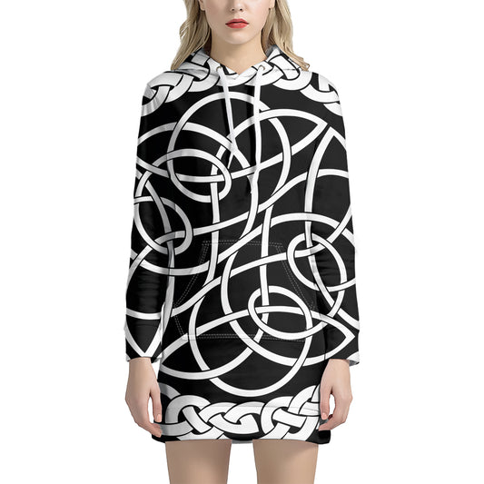 Black And White Celtic Knot Print Pullover Hoodie Dress
