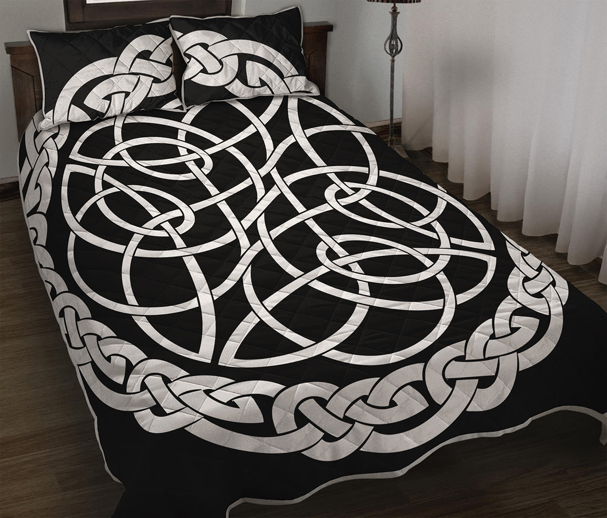 Black And White Celtic Knot Print Quilt Bed Set