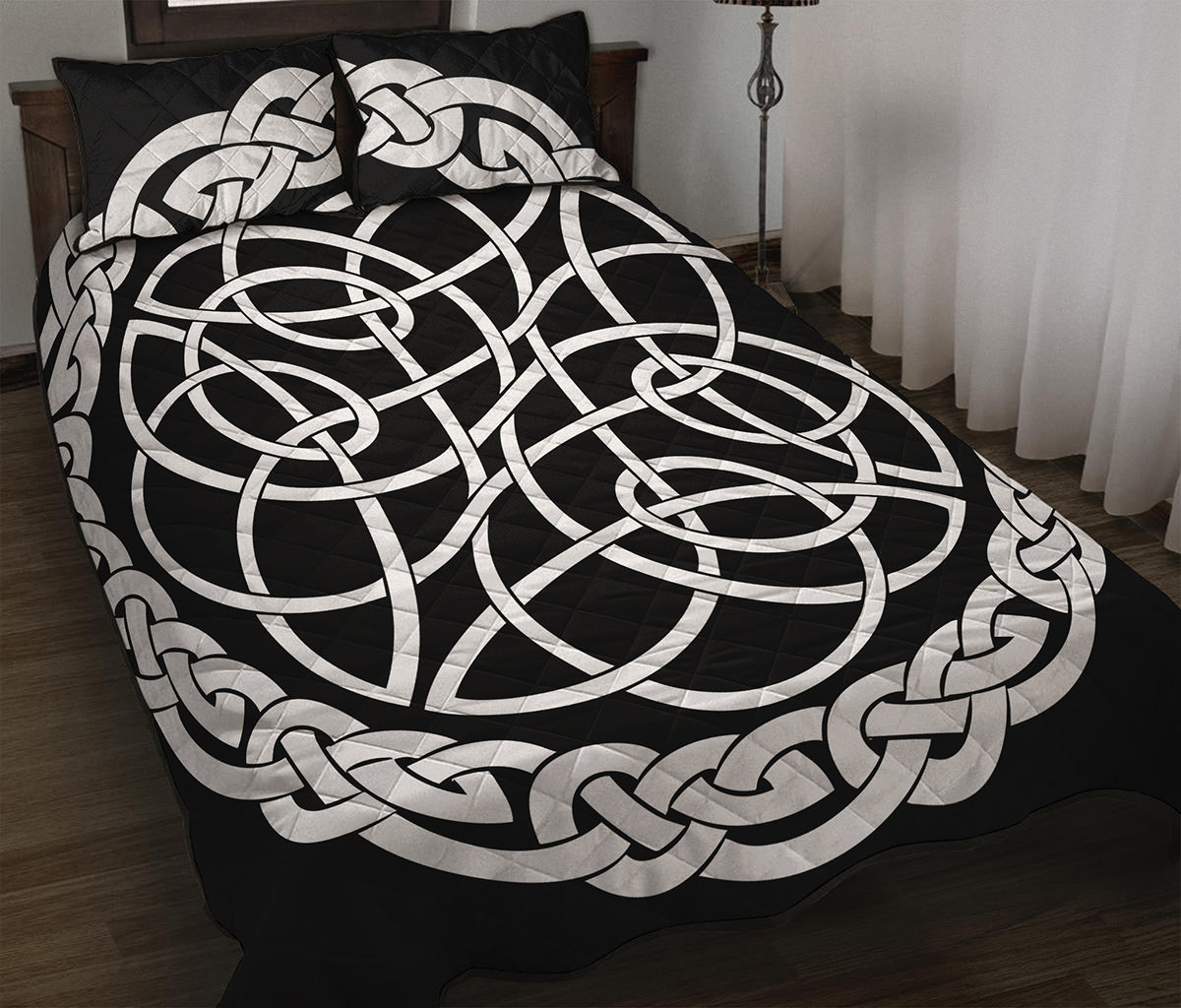 Black And White Celtic Knot Print Quilt Bed Set
