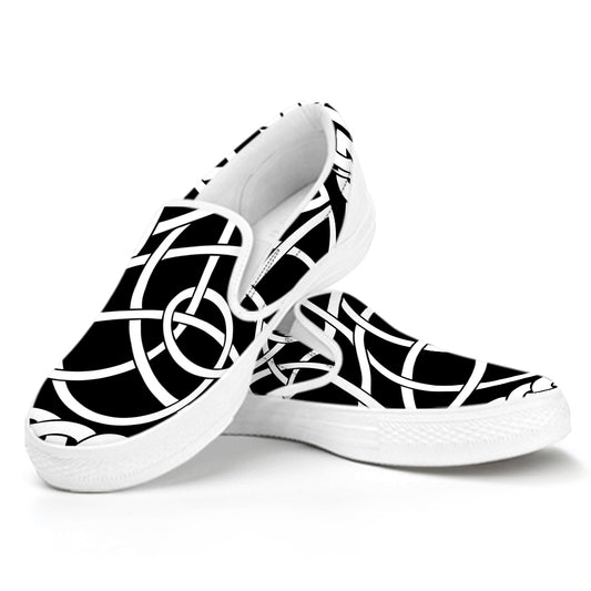 Black And White Celtic Knot Print White Slip On Shoes