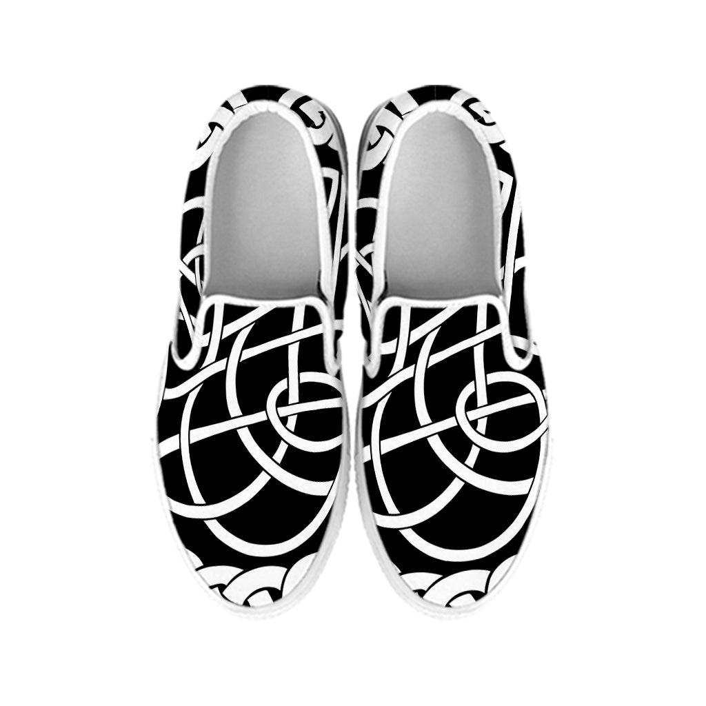 Black And White Celtic Knot Print White Slip On Shoes
