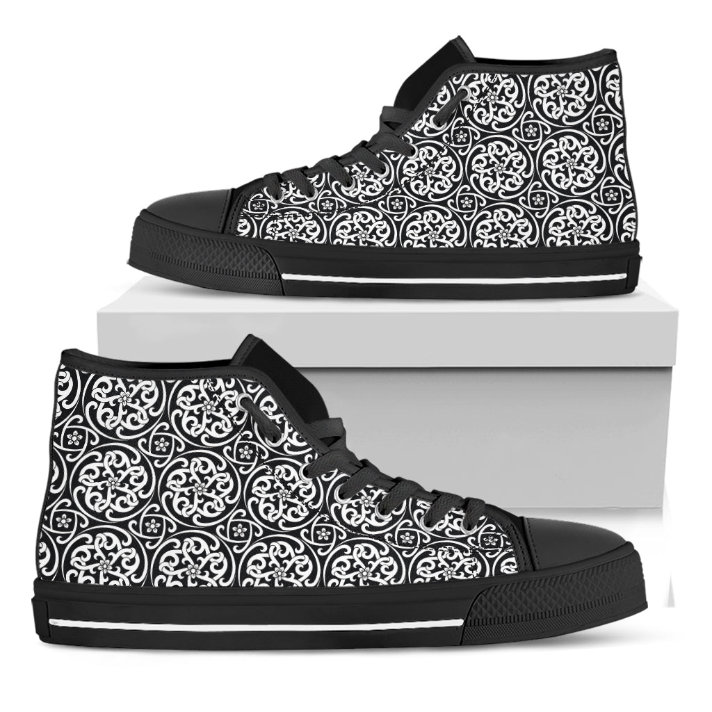 Black And White Celtic Pattern Print Black High Top Shoes