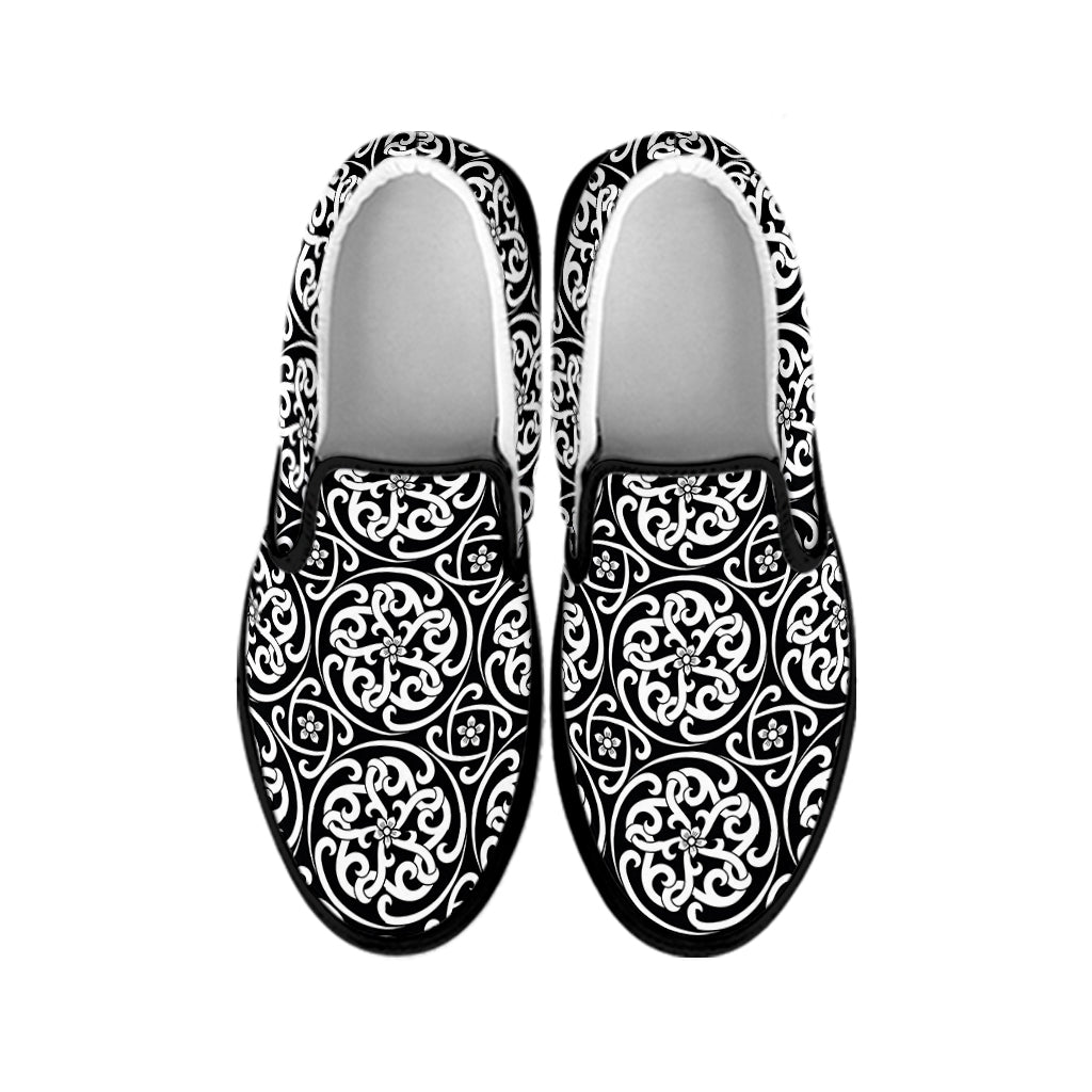 Black And White Celtic Pattern Print Black Slip On Shoes