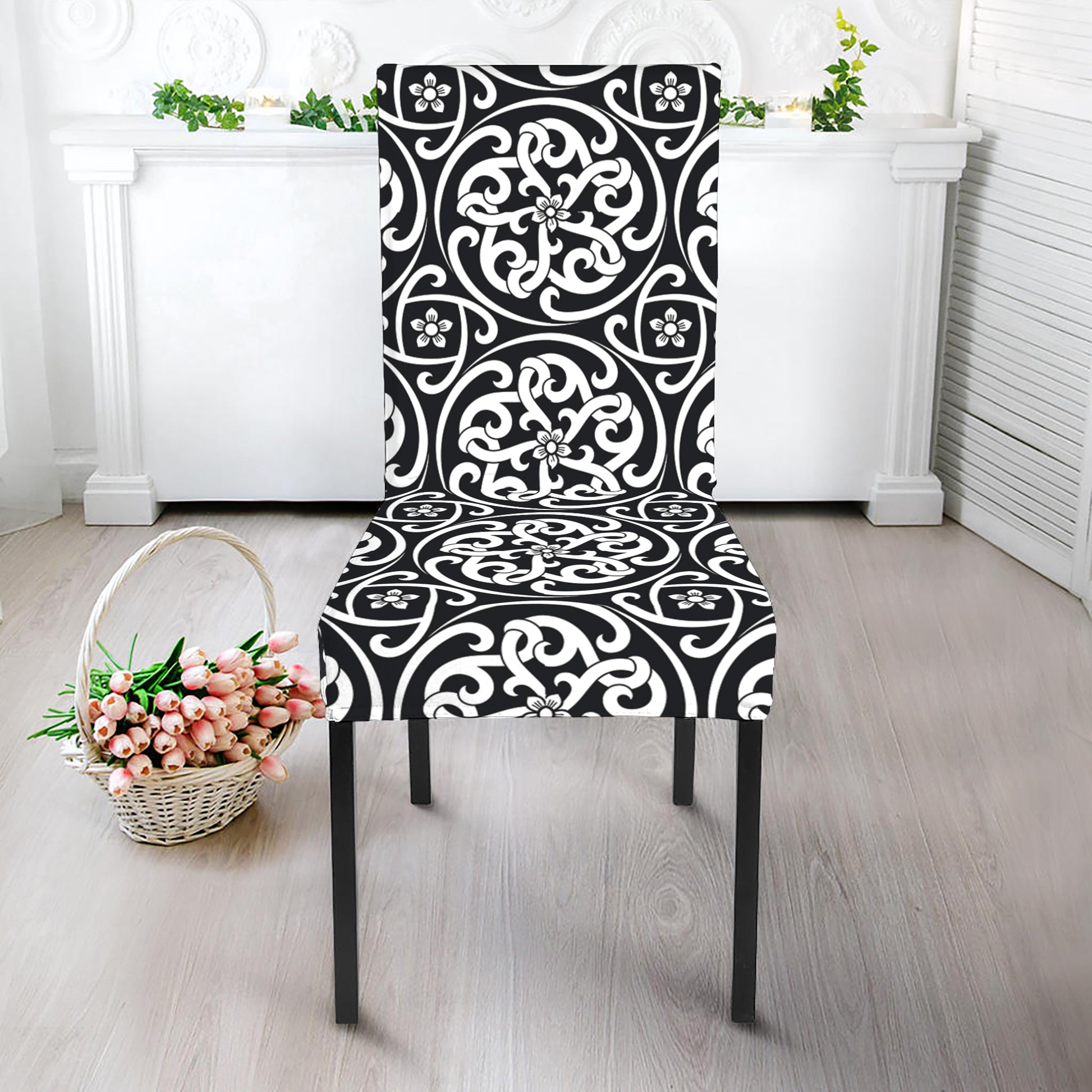 Black And White Celtic Pattern Print Dining Chair Slipcover