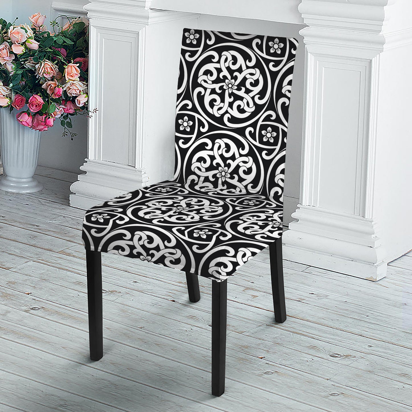 Black And White Celtic Pattern Print Dining Chair Slipcover