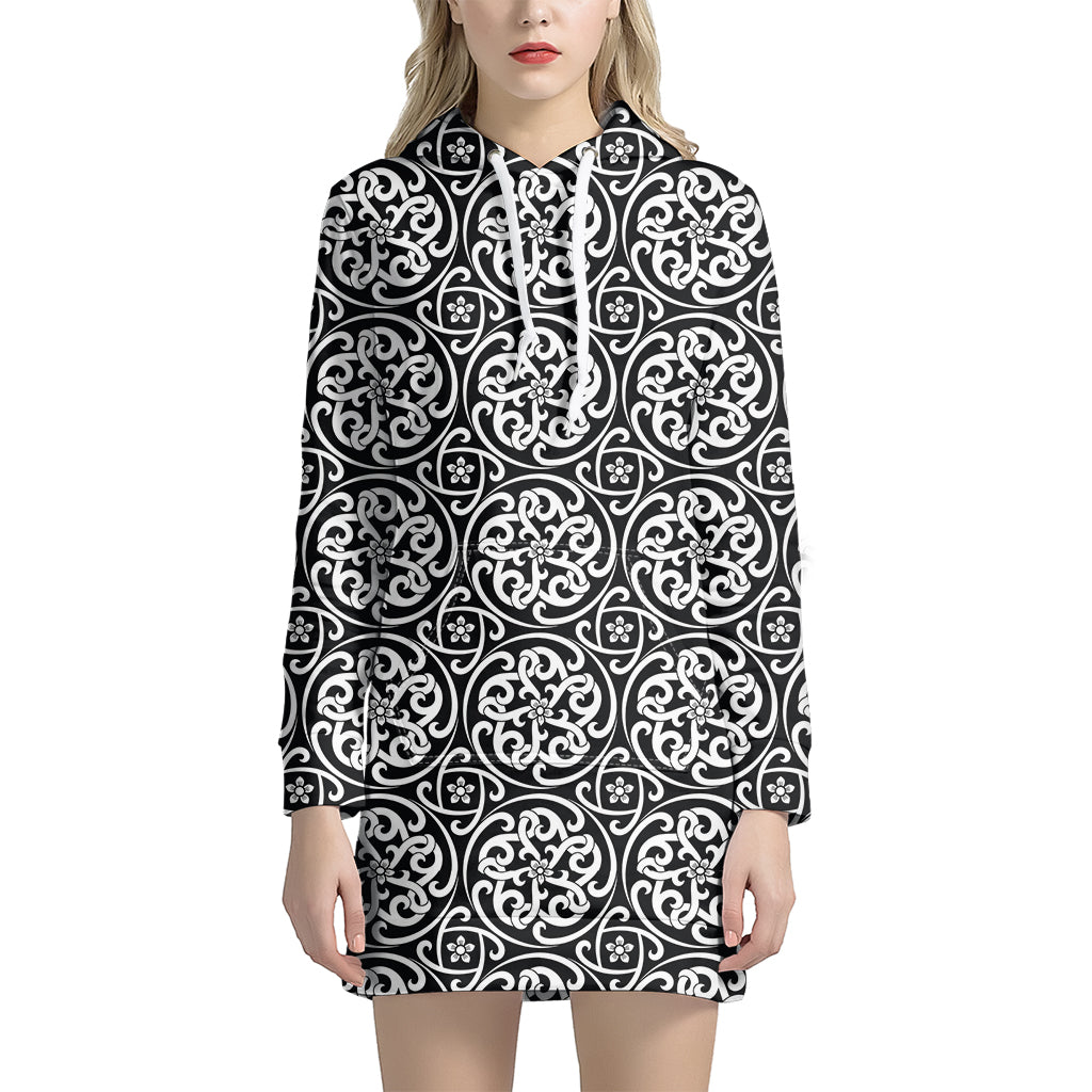 Black And White Celtic Pattern Print Hoodie Dress