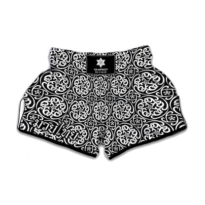 Black And White Celtic Pattern Print Muay Thai Boxing Shorts