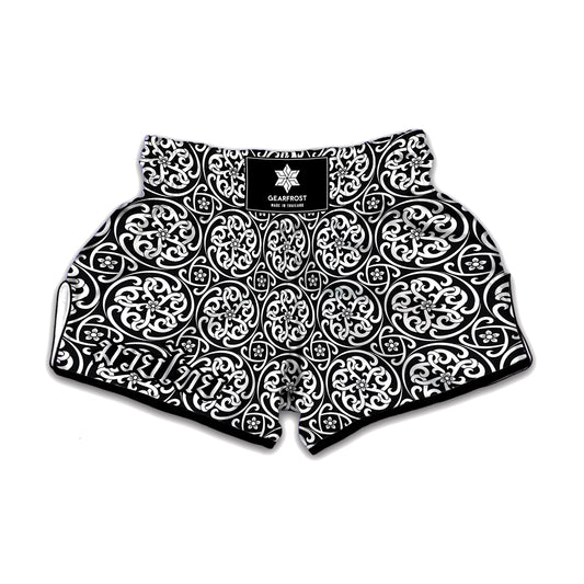 Black And White Celtic Pattern Print Muay Thai Boxing Shorts