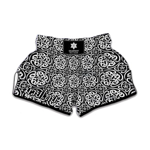 Black And White Celtic Pattern Print Muay Thai Boxing Shorts