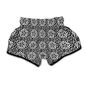 Black And White Celtic Pattern Print Muay Thai Boxing Shorts