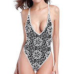 Black And White Celtic Pattern Print One Piece High Cut Swimsuit