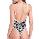 Black And White Celtic Pattern Print One Piece High Cut Swimsuit