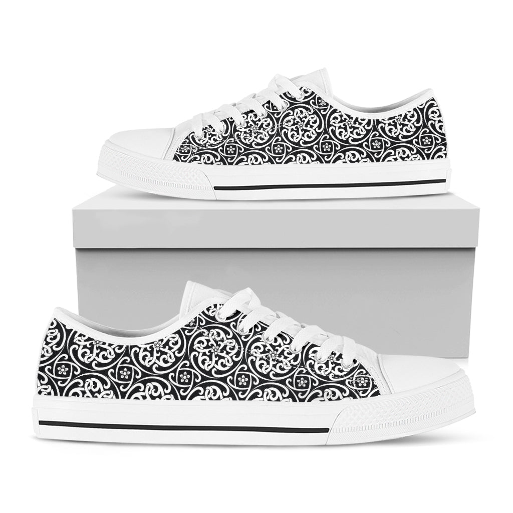 Black And White Celtic Pattern Print White Low Top Shoes