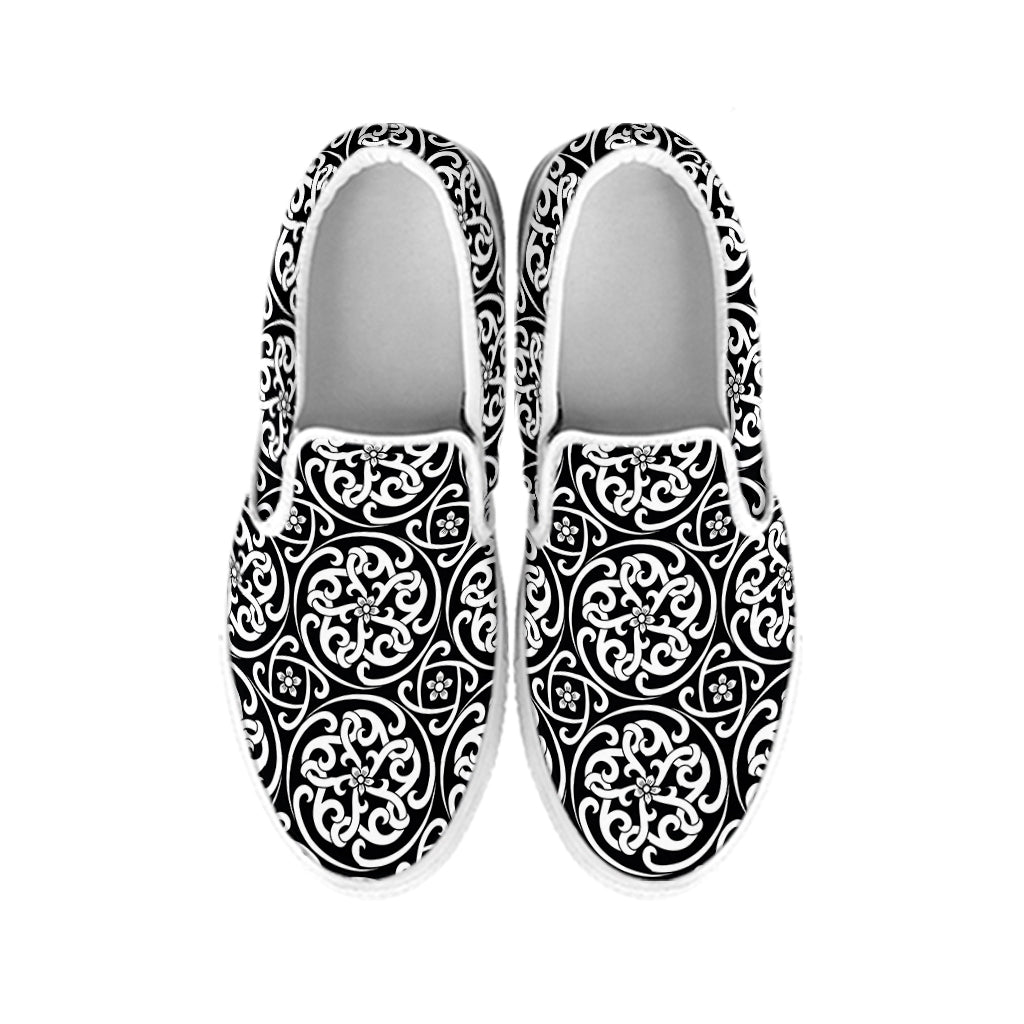 Black And White Celtic Pattern Print White Slip On Shoes