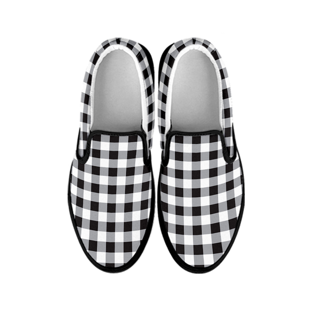 Black And White Check Pattern Print Black Slip On Shoes