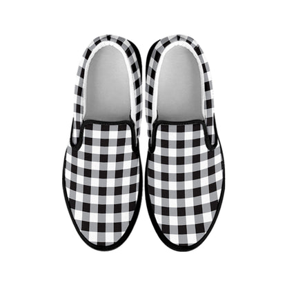 Black And White Check Pattern Print Black Slip On Shoes