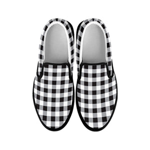 Black And White Check Pattern Print Black Slip On Shoes