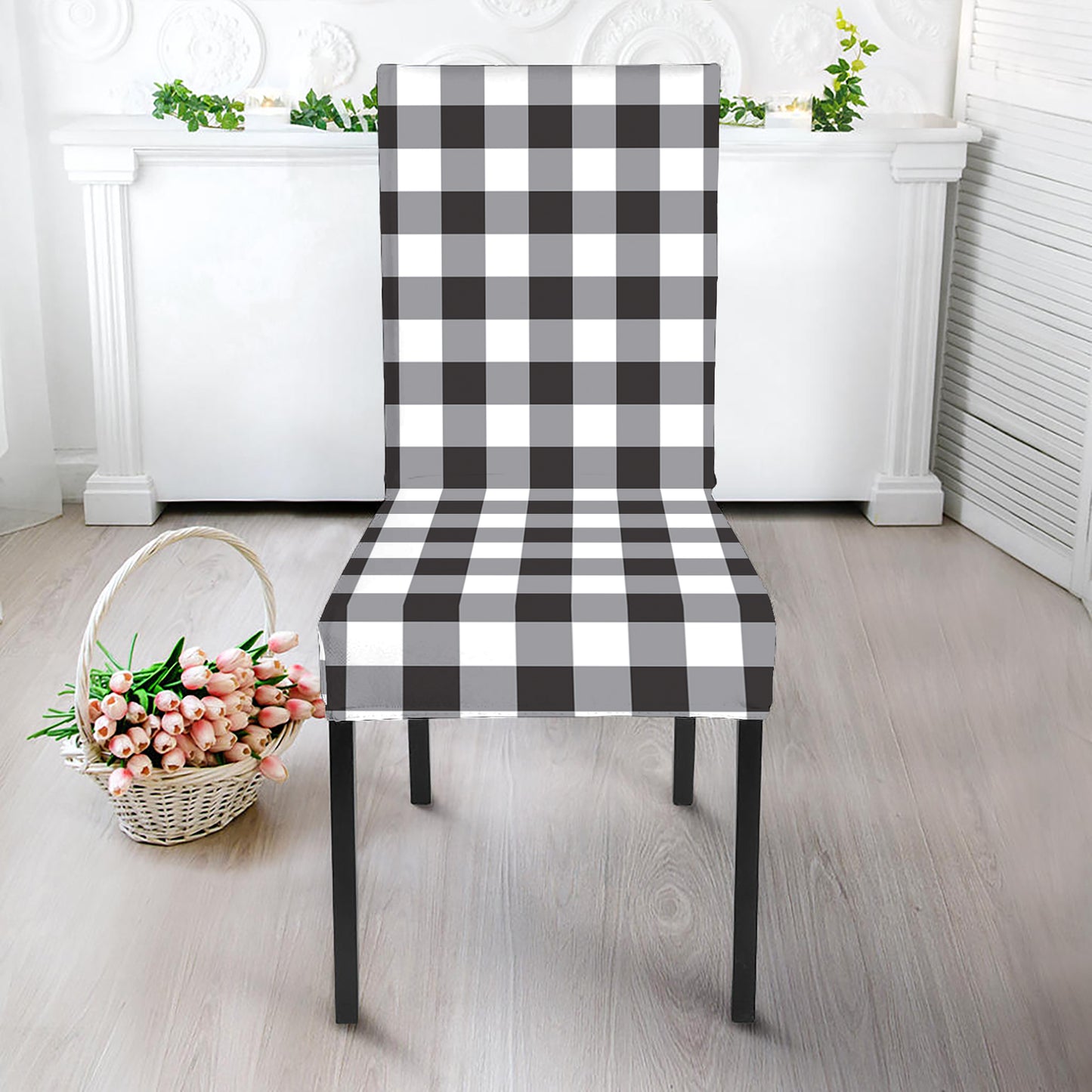 Black And White Check Pattern Print Dining Chair Slipcover