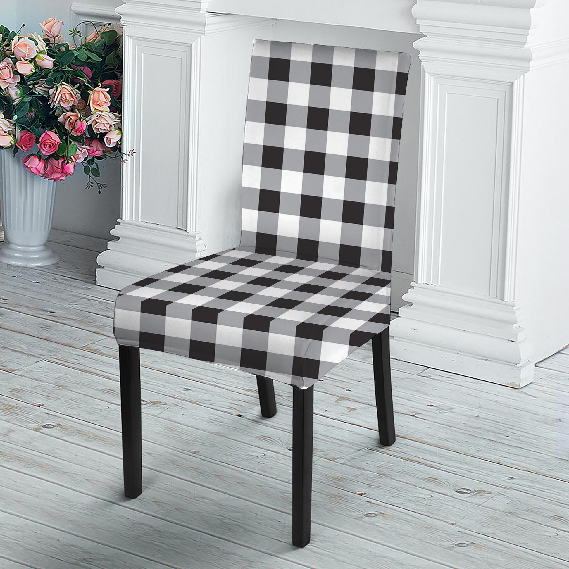 Black And White Check Pattern Print Dining Chair Slipcover