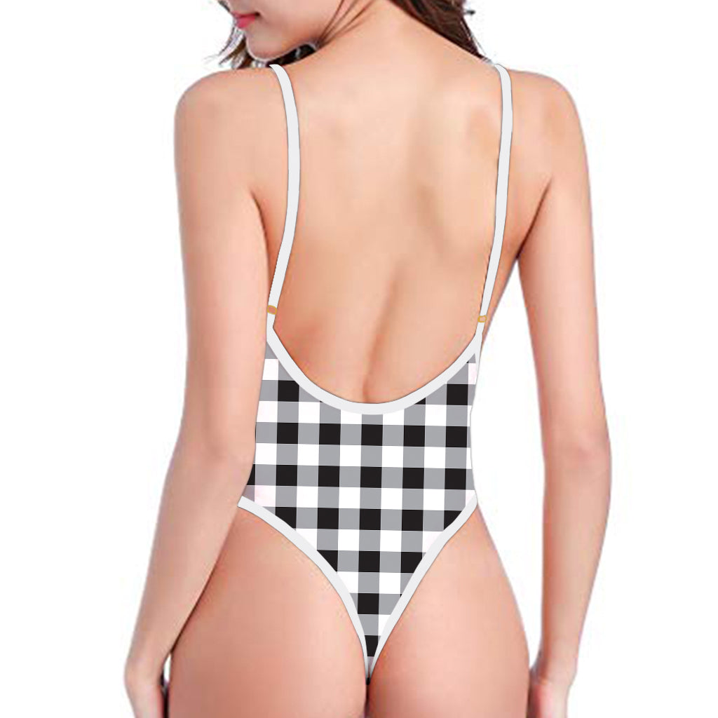 Black And White Check Pattern Print One Piece High Cut Swimsuit