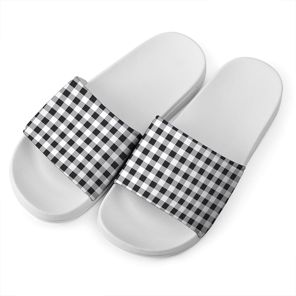 Black And White Check Pattern Print White Slide Sandals