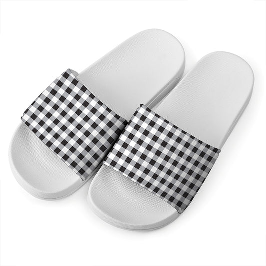 Black And White Check Pattern Print White Slide Sandals