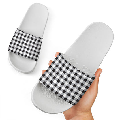 Black And White Check Pattern Print White Slide Sandals
