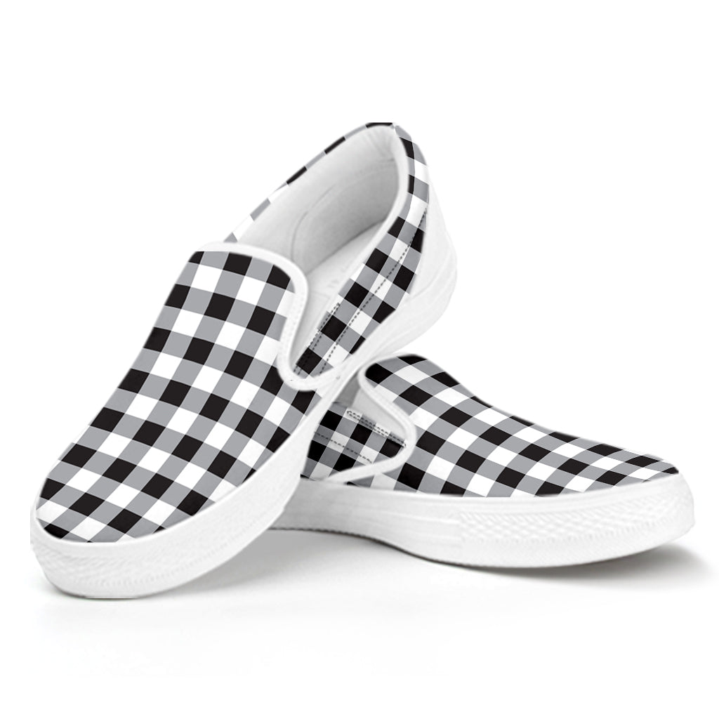 Black And White Check Pattern Print White Slip On Shoes