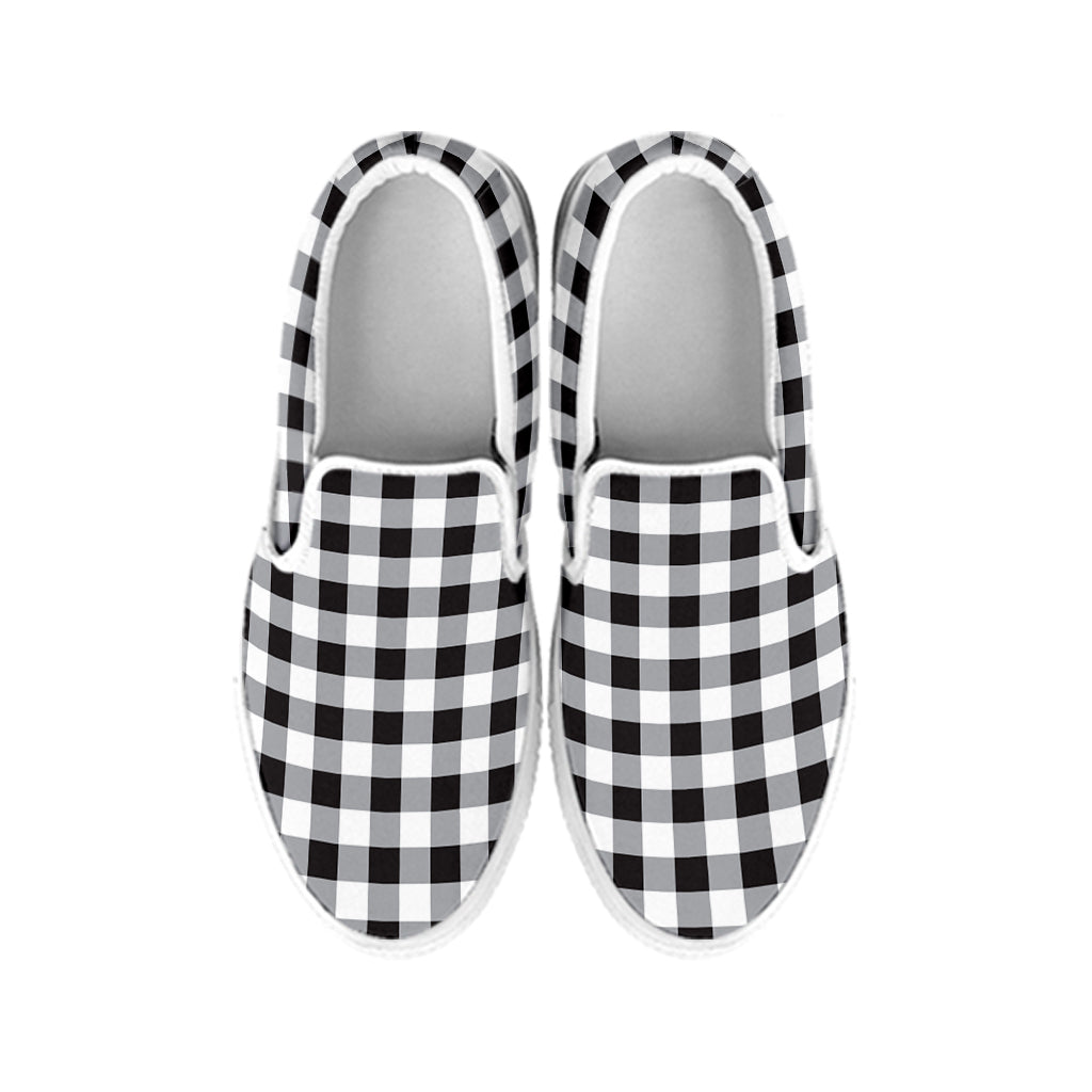 Black And White Check Pattern Print White Slip On Shoes