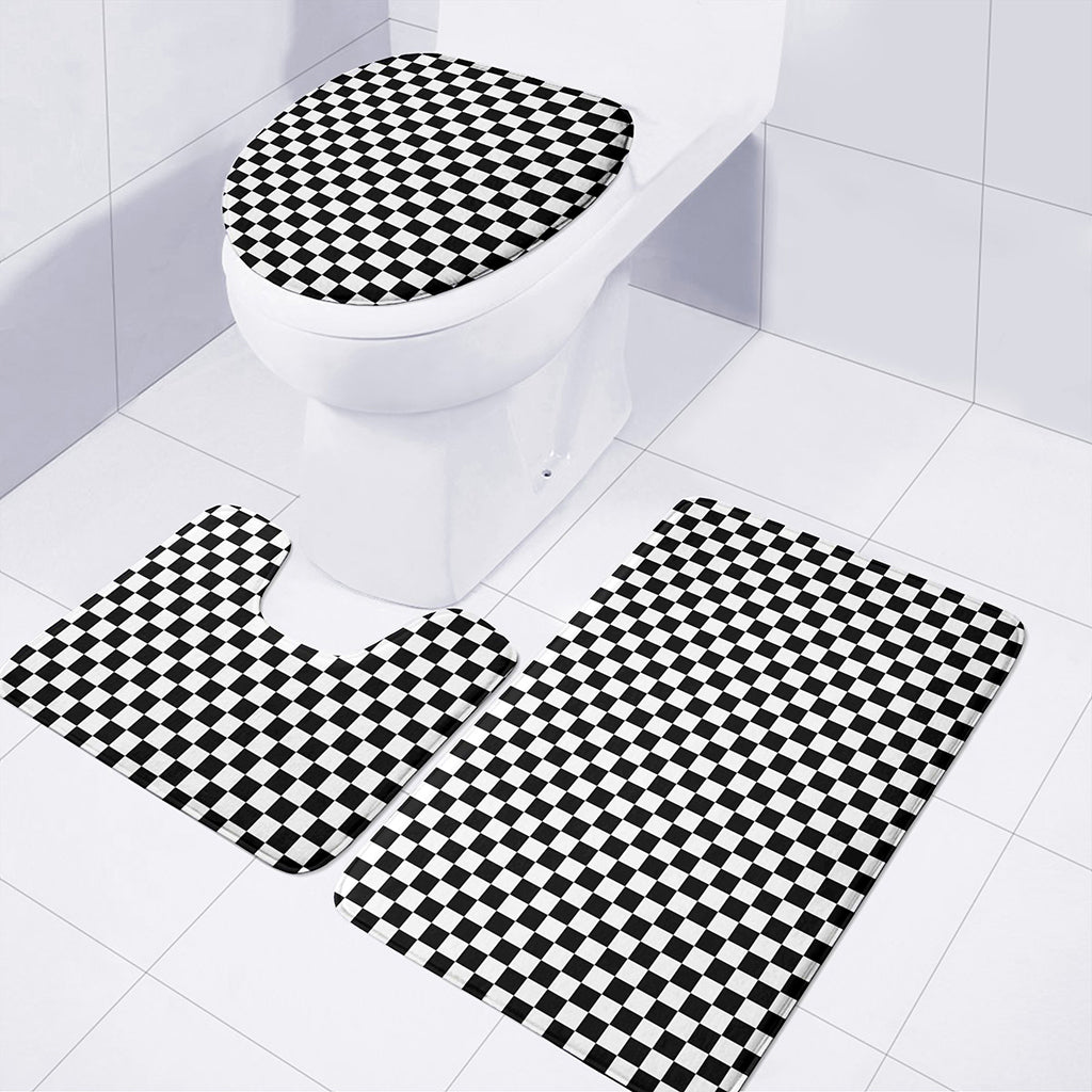 Black And White Checkered Pattern Print 3 Piece Bath Mat Set