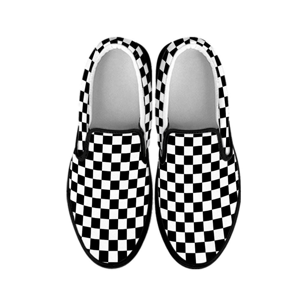 Black And White Checkered Pattern Print Black Slip On Shoes