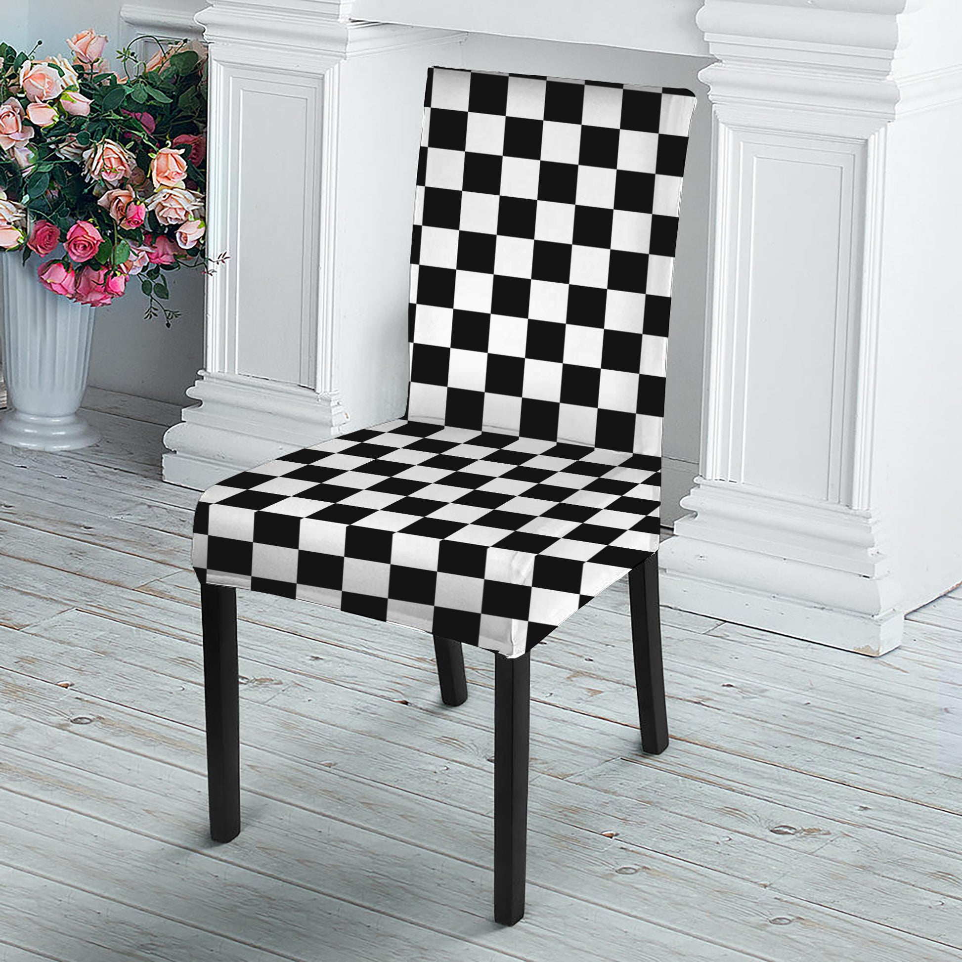 Black And White Checkered Pattern Print Dining Chair Slipcover