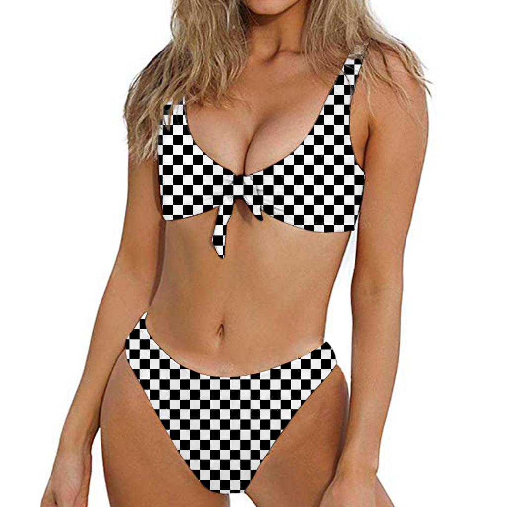 Black And White Checkered Pattern Print Front Bow Tie Bikini