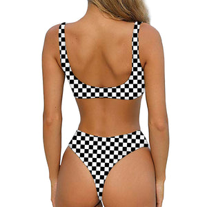 Black And White Checkered Pattern Print Front Bow Tie Bikini