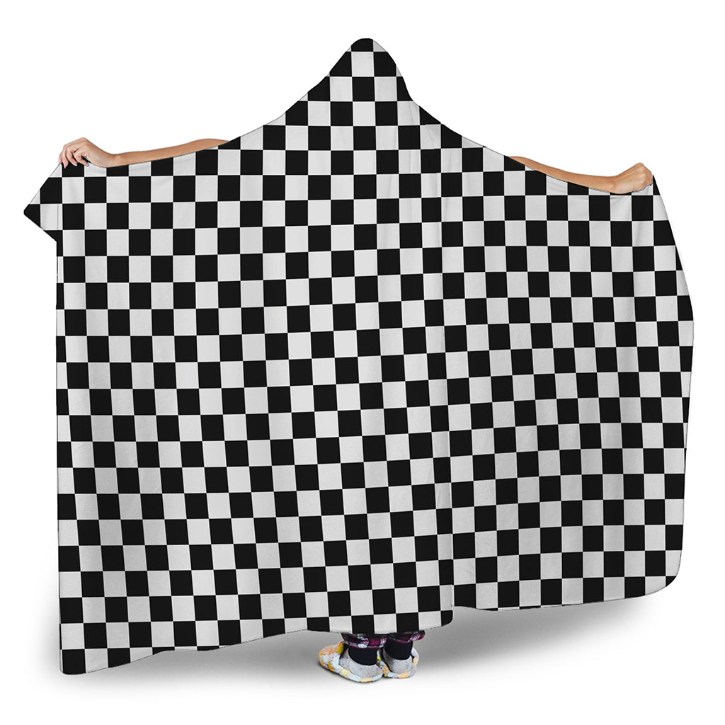 Black And White Checkered Pattern Print Hooded Blanket