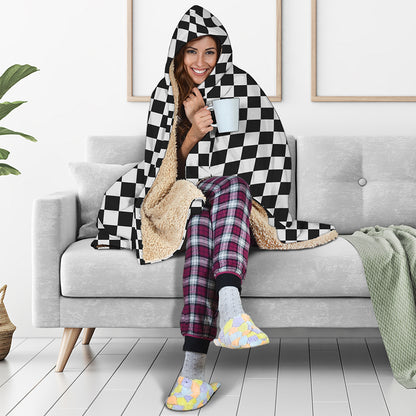 Black And White Checkered Pattern Print Hooded Blanket