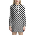 Black And White Checkered Pattern Print Pullover Hoodie Dress