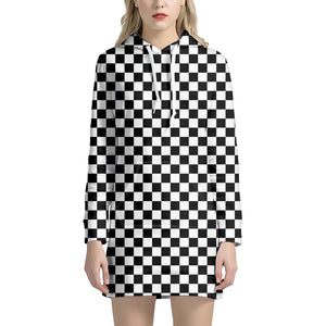 Black And White Checkered Pattern Print Hoodie Dress