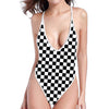 Black And White Checkered Pattern Print One Piece High Cut Swimsuit