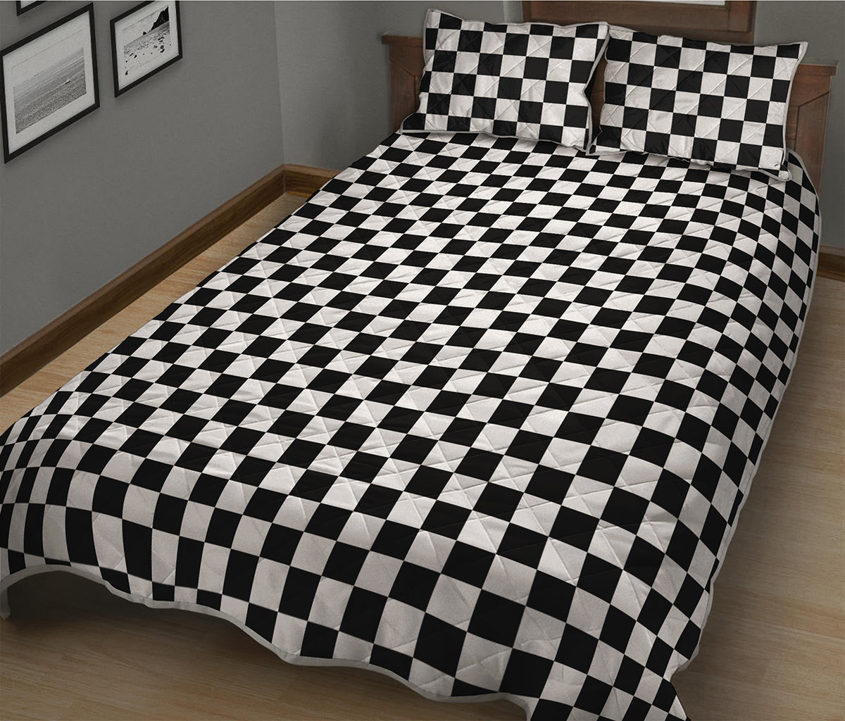 Black And White Checkered Pattern Print Quilt Bed Set