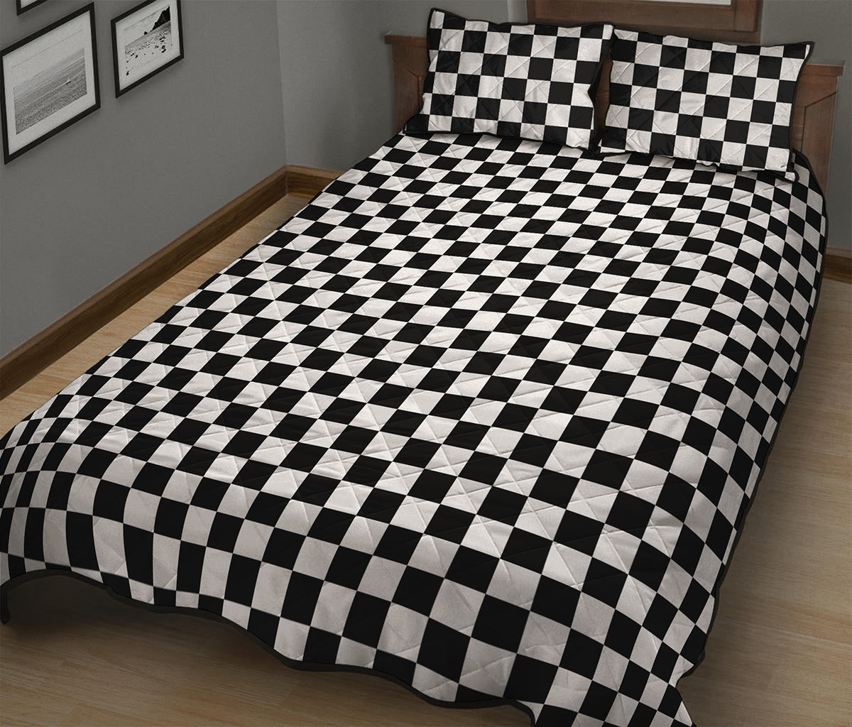 Black And White Checkered Pattern Print Quilt Bed Set