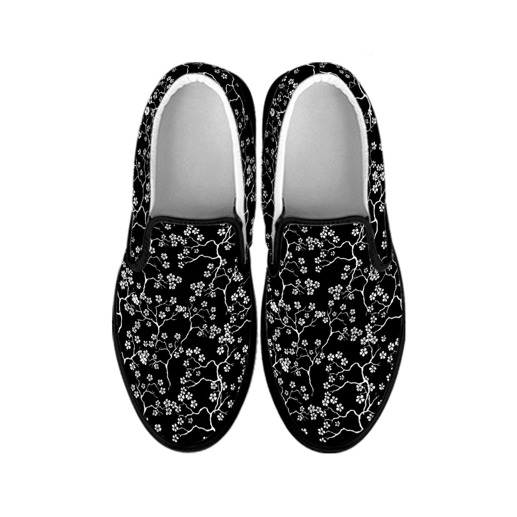 Black And White Cherry Blossom Print Black Slip On Shoes