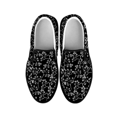 Black And White Cherry Blossom Print Black Slip On Shoes