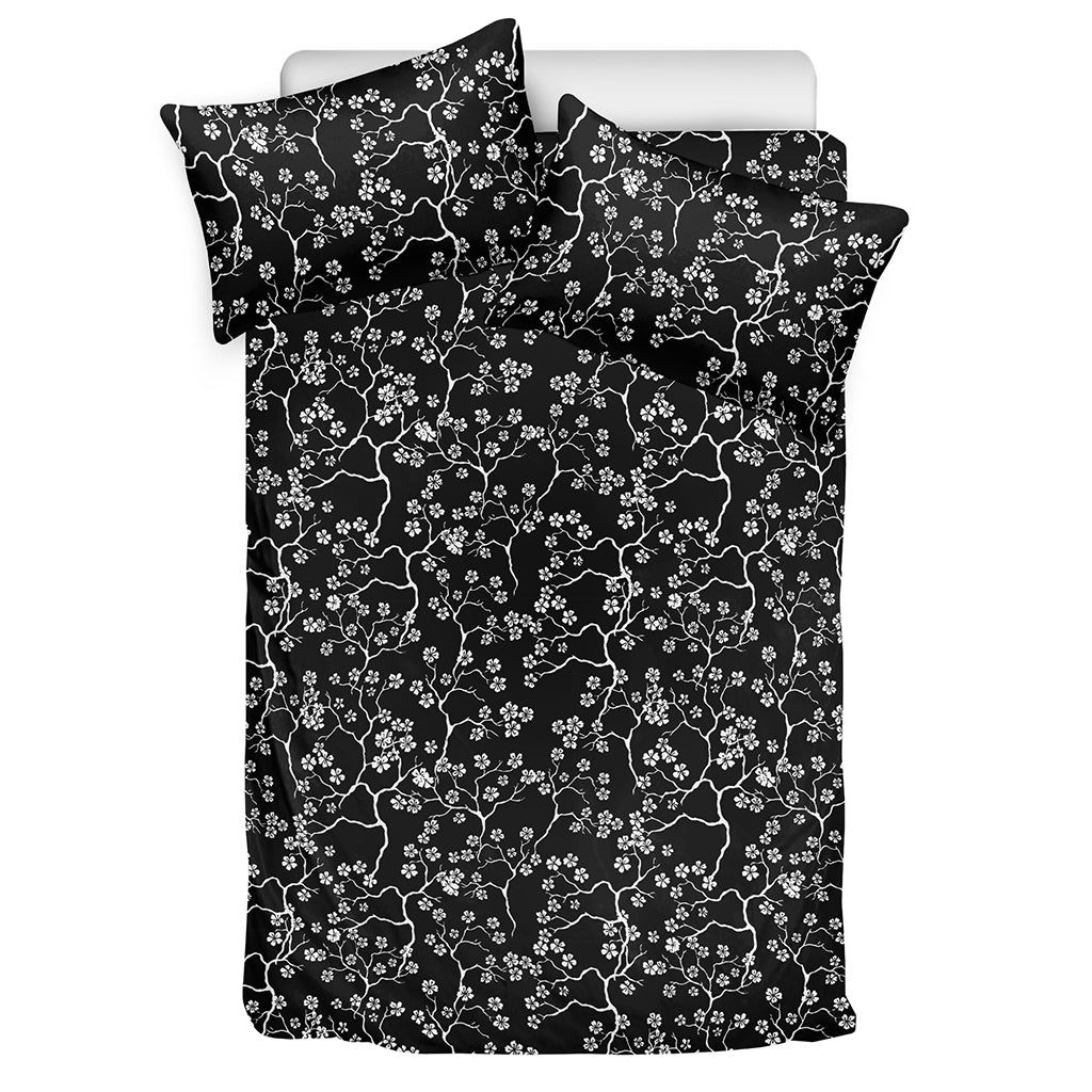 Black And White Cherry Blossom Print Duvet Cover Bedding Set