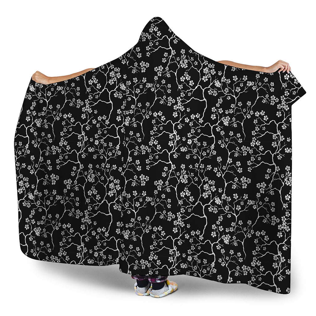 Black And White Cherry Blossom Print Hooded Blanket