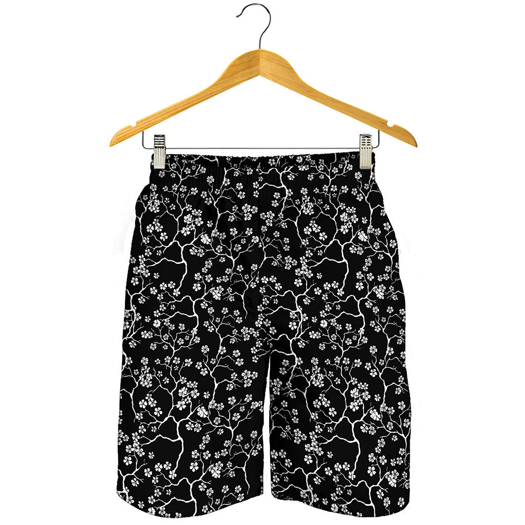 Black And White Cherry Blossom Print Men's Shorts