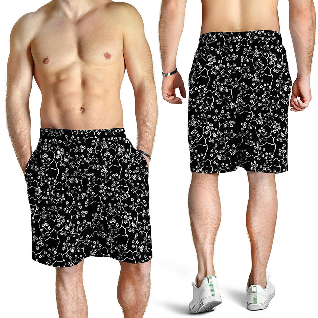 Black And White Cherry Blossom Print Men's Shorts