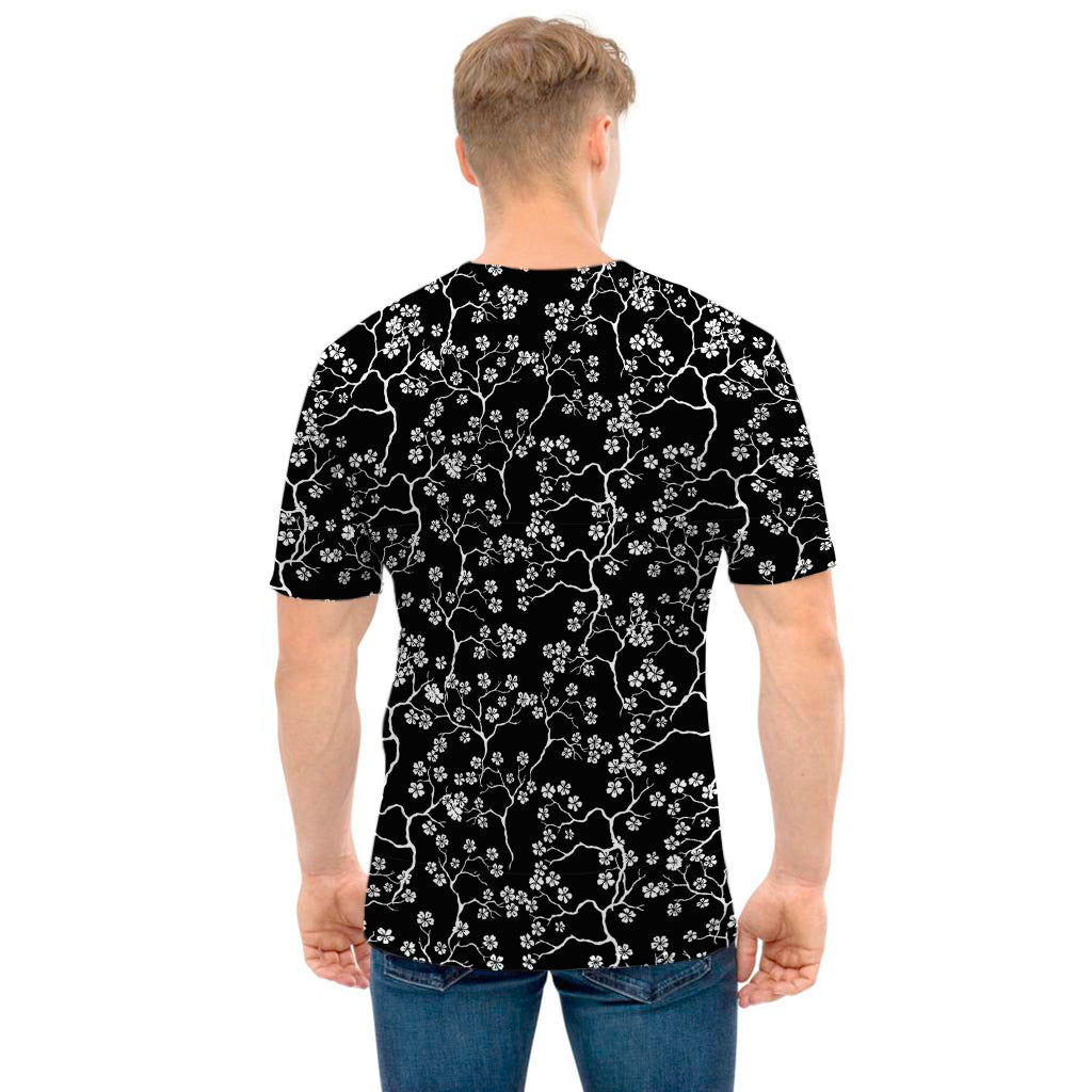 Black And White Cherry Blossom Print Men's T-Shirt