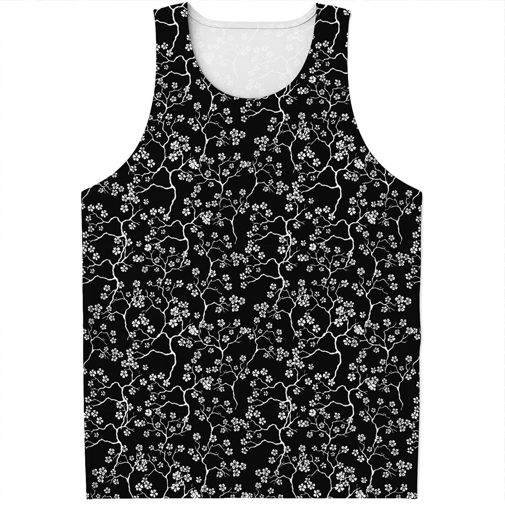 Black And White Cherry Blossom Print Men's Tank Top